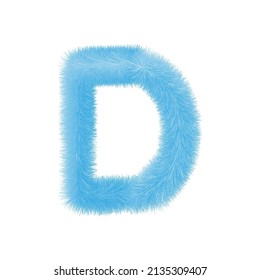 Feathered letter D font vector. Easy editable letters. Soft and realistic feathers. Blue, fluffy, hairy letter D, isolated on white background.