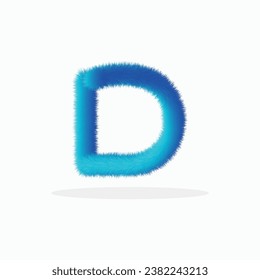 Feathered letter D font vector. Easy editable letters. Soft and realistic feathers. Blue, fluffy, hairy letter D, isolated on a white background.