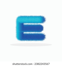 Feathered letter E font vector. Easy editable letters. Soft and realistic feathers. Blue, fluffy, hairy letter E, isolated on a white background.