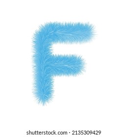 Feathered letter F font vector. Easy editable letters. Soft and realistic feathers. Blue, fluffy, hairy letter f, isolated on white background.