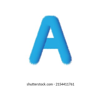 Feathered letter A font vector. Easy editable letters. Soft and realistic feathers. Blue, fluffy, hairy letter A, isolated on white background