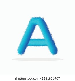 Feathered letter A font vector. Easy editable letters. Soft and realistic feathers. Blue, fluffy, hairy letter A, isolated on a white background.