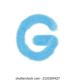 Feathered letter G font vector. Easy editable letters. Soft and realistic feathers. Blue, fluffy, hairy letter G, isolated on white background.