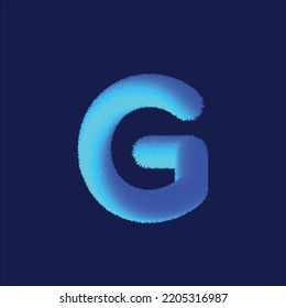 Vector de tipo de letra G con plumas. Letras fáciles de editar. Las plumas suaves y realistas. Azul, esponjoso, letra peluda G, aislado sobre fondo blanco