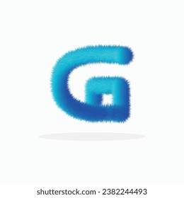 Feathered letter G font vector. Easy editable letters. Soft and realistic feathers. Blue, fluffy, hairy letter G, isolated on a white background.