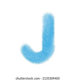 Feathered letter J font vector. Easy editable letters. Soft and realistic feathers. Blue, fluffy, hairy letter J, isolated on white background.