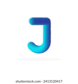 Feathered letter J font vector. Easy editable letters. Soft and realistic feathers. Blue, fluffy, hairy letter J, isolated on a white background