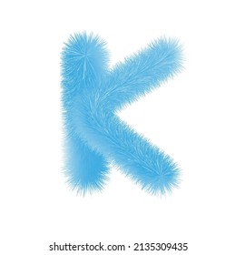 Feathered letter K font vector. Easy editable letters. Soft and realistic feathers. Blue, fluffy, hairy letter K, isolated on white background.