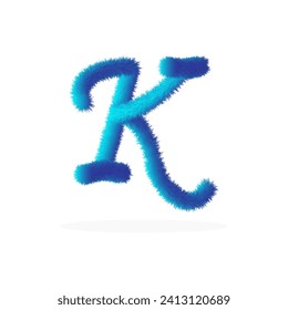 Feathered letter K font vector. Easy editable letters. Soft and realistic feathers. Blue, fluffy, hairy letter K, isolated on a white background