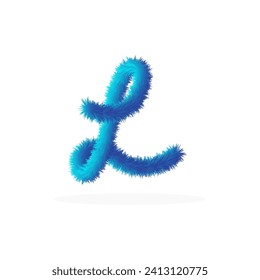 Feathered letter L font vector. Easy editable letters. Soft and realistic feathers. Blue, fluffy, hairy letter L, isolated on a white background