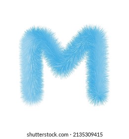 Feathered letter M font vector. Easy editable letters. Soft and realistic feathers. Blue, fluffy, hairy letter M, isolated on white background.