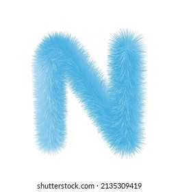 Feathered letter N font vector. Easy editable letters. Soft and realistic feathers. Blue, fluffy, hairy letter N, isolated on white background.