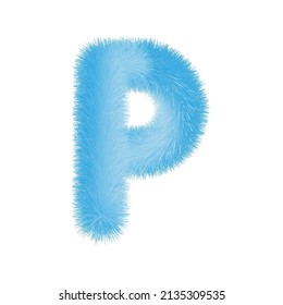 Feathered letter P font vector. Easy editable letters. Soft and realistic feathers. Blue, fluffy, hairy letter p, isolated on white background.