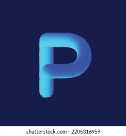 Feathered letter p font vector. Easy editable letters. Soft and realistic feathers. Blue, fluffy, hairy letter p, isolated on white background