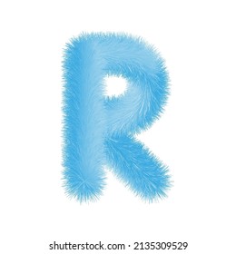 Feathered letter R font vector. Easy editable letters. Soft and realistic feathers. Blue, fluffy, hairy letter R, isolated on white background.