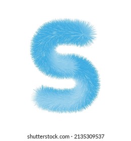 Feathered letter S font vector. Easy editable letters. Soft and realistic feathers. Blue, fluffy, hairy letter S, isolated on white background.