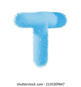 Feathered letter T font vector. Easy editable letters. Soft and realistic feathers. Blue, fluffy, hairy letter T, isolated on white background.