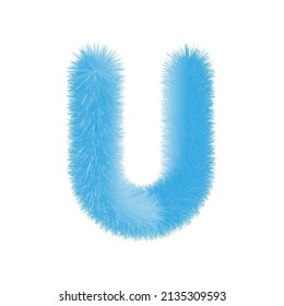 Feathered letter U font vector. Easy editable letters. Soft and realistic feathers. Blue, fluffy, hairy letter U, isolated on white background.