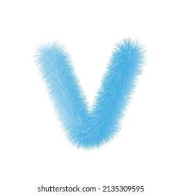 Feathered letter V font vector. Easy editable letters. Soft and realistic feathers. Blue, fluffy, hairy letter V, isolated on white background.