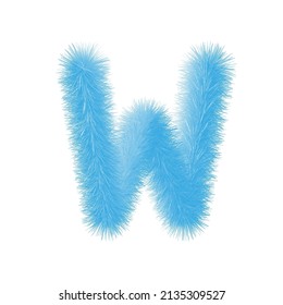 Feathered letter W font vector. Easy editable letters. Soft and realistic feathers. Blue, fluffy, hairy letter W, isolated on white background.