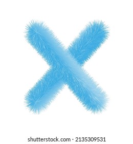 Feathered letter X font vector. Easy editable letters. Soft and realistic feathers. Blue, fluffy, hairy letter X, isolated on white background.