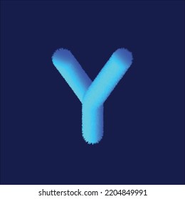 Feathered letter Y font vector. Easy editable letters. Soft and realistic feathers. Blue, fluffy, hairy letter Y, isolated on white background