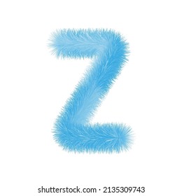 Feathered letter Z font vector. Easy editable letters. Soft and realistic feathers. Blue, fluffy, hairy letter Z, isolated on white background.