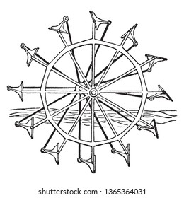 Feathered Paddle wheel in which the floats are mounted on axes and are connected by rods with a common center, vintage line drawing or engraving illustration.