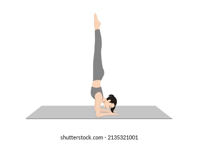 Feathered Peacock Pose, Forearm Stand. Beautiful girl practice Pincha Mayurasana. Young attractive woman practicing yoga exercise. working out, black wearing sportswear, grey pants and top, indoor.