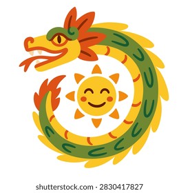 Feathered serpent Kukulkan inspired emblem in a clean colorful flat graphic style.