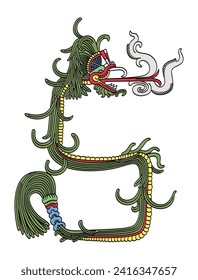 Feathered Serpent, a supernatural entity in Mesoamerican religions. Quetzalcoatl of Aztecs, Kukulkan of Yucatec Maya, and Tohil of Kiche Maya. Colorized plumed serpent as depicted in Chichen Itza.