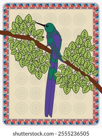 Feathered Symphony: A Serene Madhubani Artwork of a Bird. Madhubani bird art, Indian folk art bird, Madhubani wildlife art, Madhubani nature art