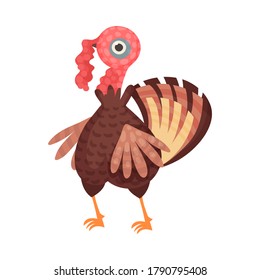 Feathered Turkey as Farm Bird Walking in Yard Vector Illustration