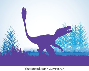 Feathered Velociraptor Dinosaurs silhouettes in prehistoric environment overlapping layers; decorative background banner abstract vector illustration