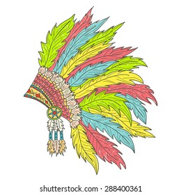 Feathered war bonnet. Hand drawn sketch vector illustration. Native indian, ethnic style. Headpiece, stain, feathers, boho. 