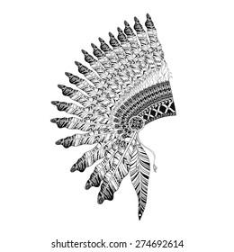 Feathered War bonnet in zentangle style, high datailed headdress for Indian Chief. American boho spirit. Hand drawn sketch vector illustration for tattoos. T-shirt print.