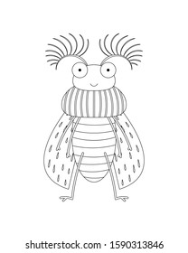 Feather-horn beetle vector illustration cartoon isolated on white background. Feather or fan-horned beetles vector cartoon. Weird bug insect cartoon colorless for coloring book. 
