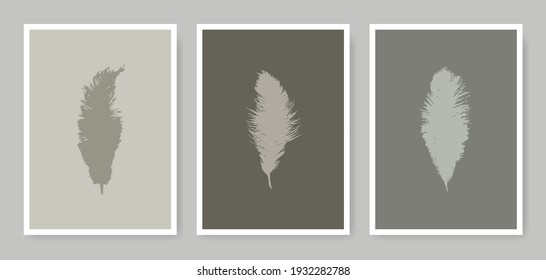 Feathers abstract posters set in minimalistic style. Boho graphic design in green colors. Elegant art print illustrations. 