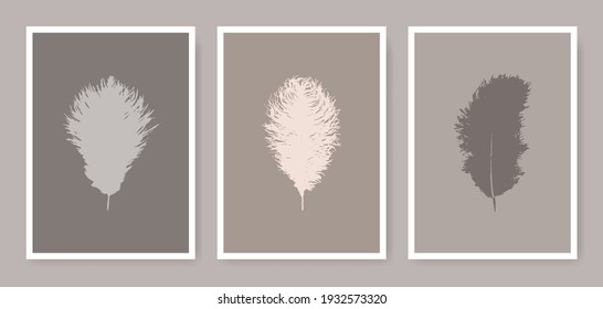 Los afiches abstractos de plumas son de estilo minimalista. Diseño gráfico boho en colores pastel. Ilustraciones de arte elegantes.