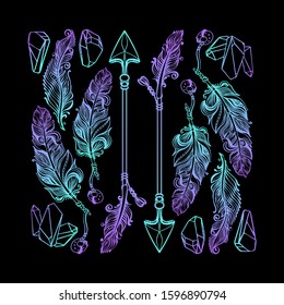 Feathers, arrows and crystals gems. Rainbow pattern. Beautiful Hand drawn Vector illustration. Abstract arrows, gem stones and feathers isolated on black background. Magic fairytale theme.
