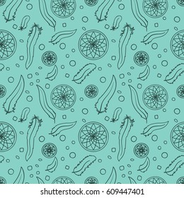 Feathers and beads - seamless pattern with dream catchers. Vector tribal ethnic background. Vintage ornament. Indian boho design.