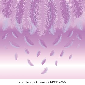 Feathers with a beautiful pink gradient background. Large feathers on top. Little feathers fall 
