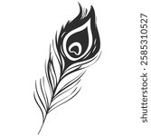 Feathers of bird icon isolated on transparent background. Feather logo in line style. Black quill feather silhouette