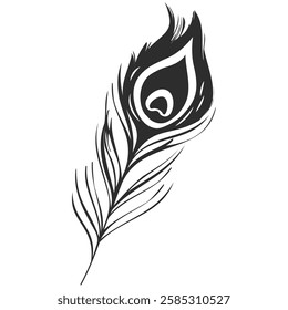 Feathers of bird icon isolated on transparent background. Feather logo in line style. Black quill feather silhouette