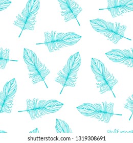 Feathers of a bird. Wallpaper or wrapping paper. Printing on textile, fabric, cover. Seamless vector ornament. Pattern for design. Boho style, ethnic. Bohemian.Postcard.