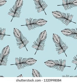 Feathers of a bird. Wallpaper or wrapping paper. Printing on textile, fabric, cover. Seamless vector ornament. Pattern for design. Boho style, ethnic. Bohemian.Postcard.