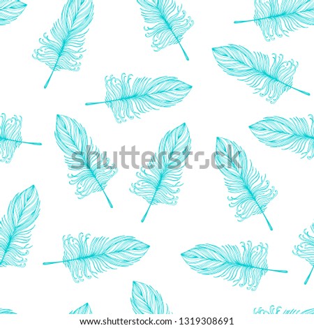 Feathers of a bird. Wallpaper or wrapping paper. Printing on textile, fabric, cover. Seamless vector ornament. Pattern for design. Boho style, ethnic. Bohemian.Postcard.