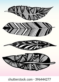 Feathers of birds. Charm. Mascot. Pen. Decorative. Stylized. Line art. Drawing by hand. Black and white. Isolated. Tattoo. Linear. Graphic arts. Set. Collection.