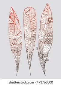 Feathers of birds. Charm. Mascot. Pen. Decorative. Stylized. Line art. Drawing by hand. Black and white. Isolated. Tattoo. Linear. Graphic arts. Set. Collection.