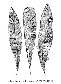 Feathers of birds. Charm. Mascot. Pen. Decorative. Stylized. Line art. Drawing by hand. Black and white. Isolated. Tattoo. Linear. Graphic arts. Set. Collection.